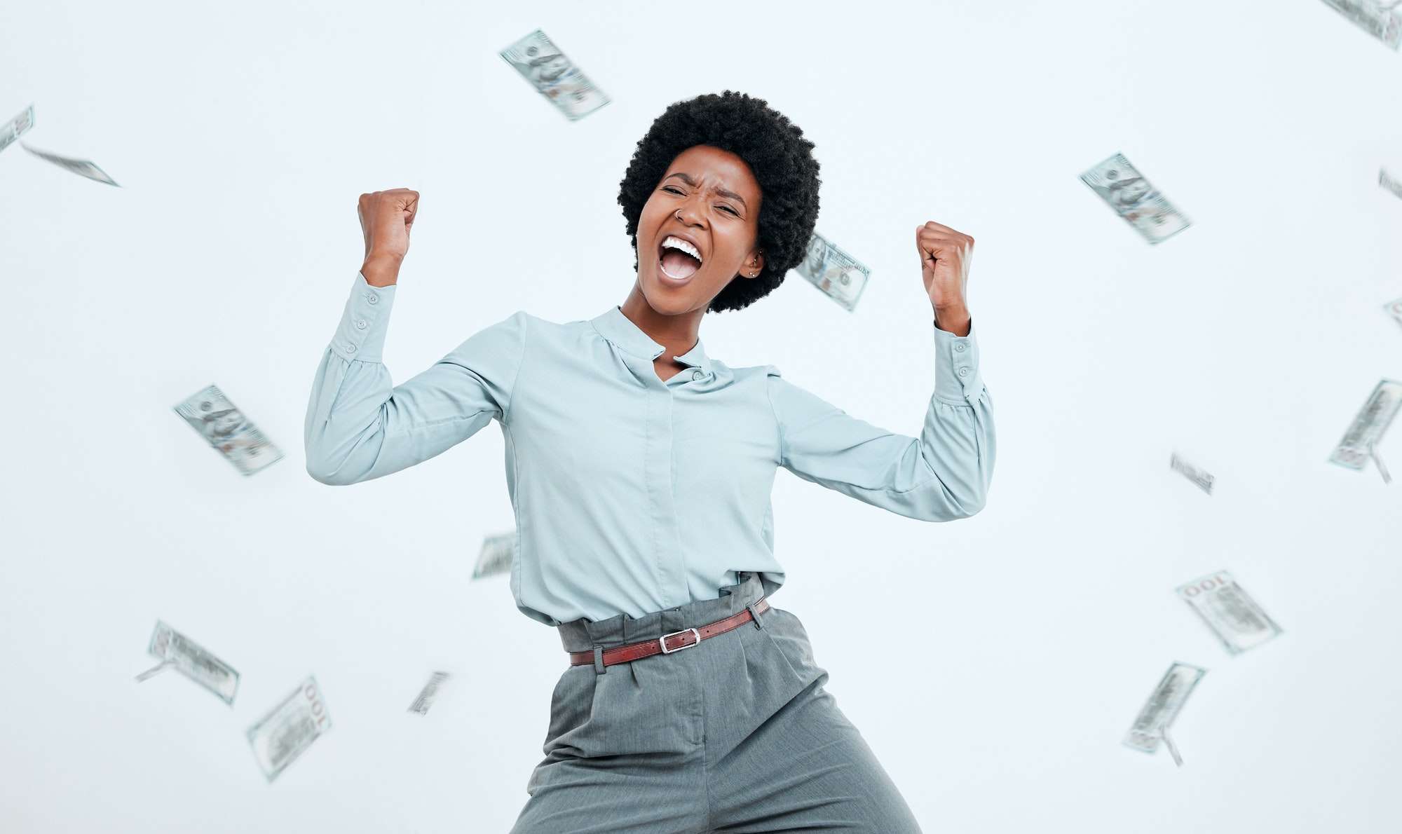 Money win, success and black woman excited about finance freedom, investment and salary on a white